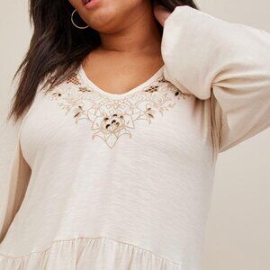 Torrid Cream Babydoll V-Neck Embroidered Long Sleeve Top
